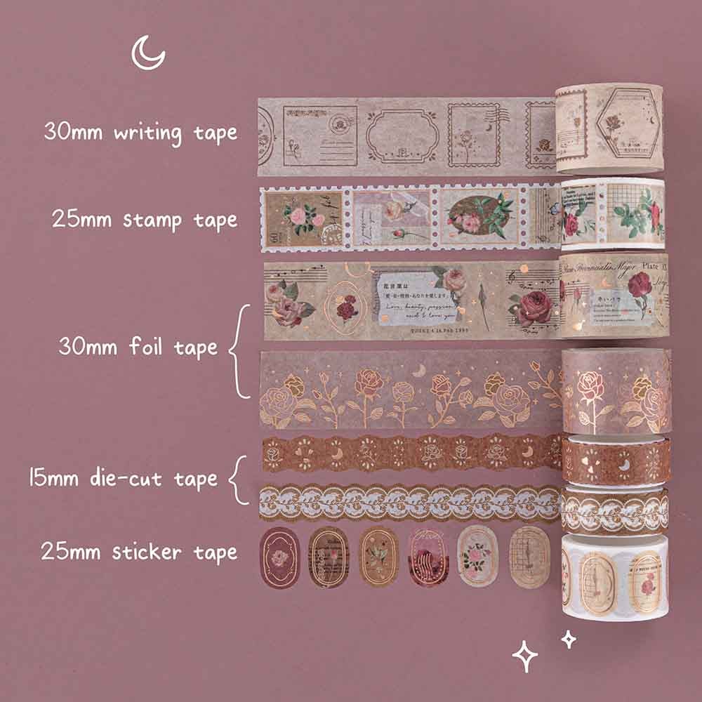 Tsuki ‘Vintage Rose’ Washi Tape Set  rolled out on mauve background