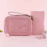 Tsuki ‘Sakura Journey’ Travel Pouch with Tsuki ‘Sakura Journey’ Limited Edition Travel Notebook and pens inside with Tsuki ‘Sakura Journey’ Vintage Journal Washi Tape Set with cherry blossoms in pink background