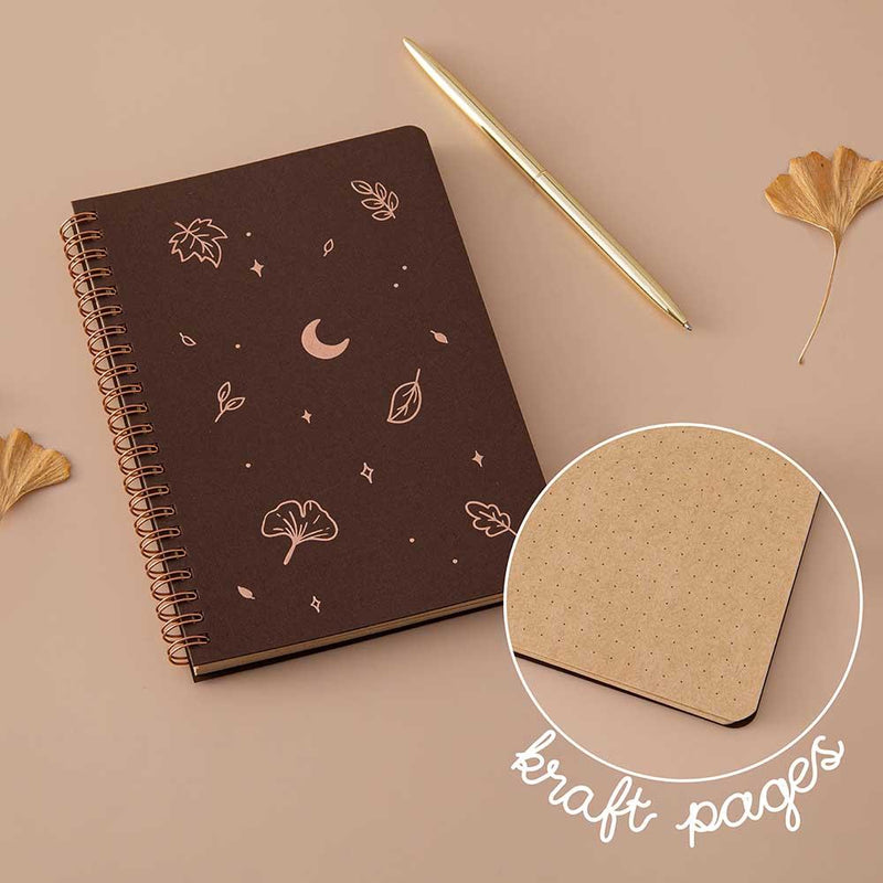 Tsuki ‘Maple Dreams’ Kraft Paper Ringbound Bullet Journal with kraft pages with gold pen and autumn leaf on beige background