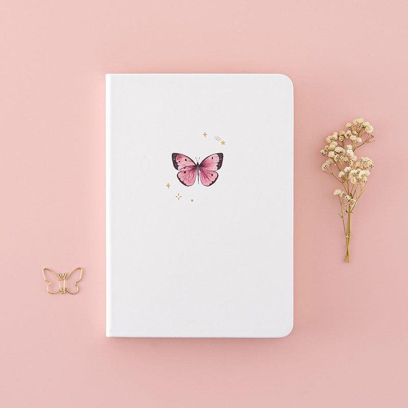Tsuki Cloud White ‘Flutter + Dream’ Limited Edition Bullet Journal by Notebook Therapy x Pelinkan with free butterfly bookmark gift with dried flowers in pastel pink background