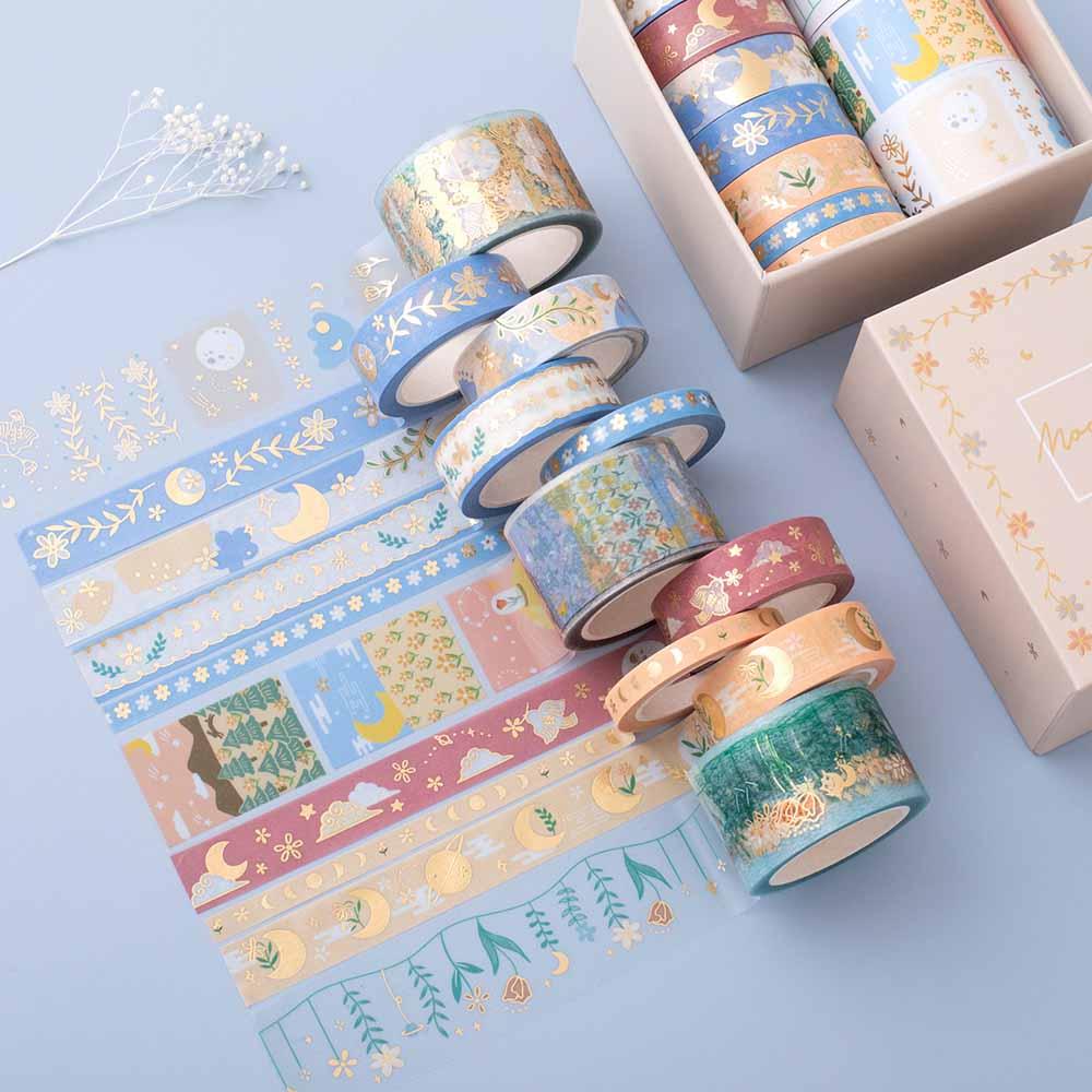 Close up of Tsuki ‘Moonflower’ Washi Tape Set luxury eco-friendly box packaging with flowers on dusty blue background