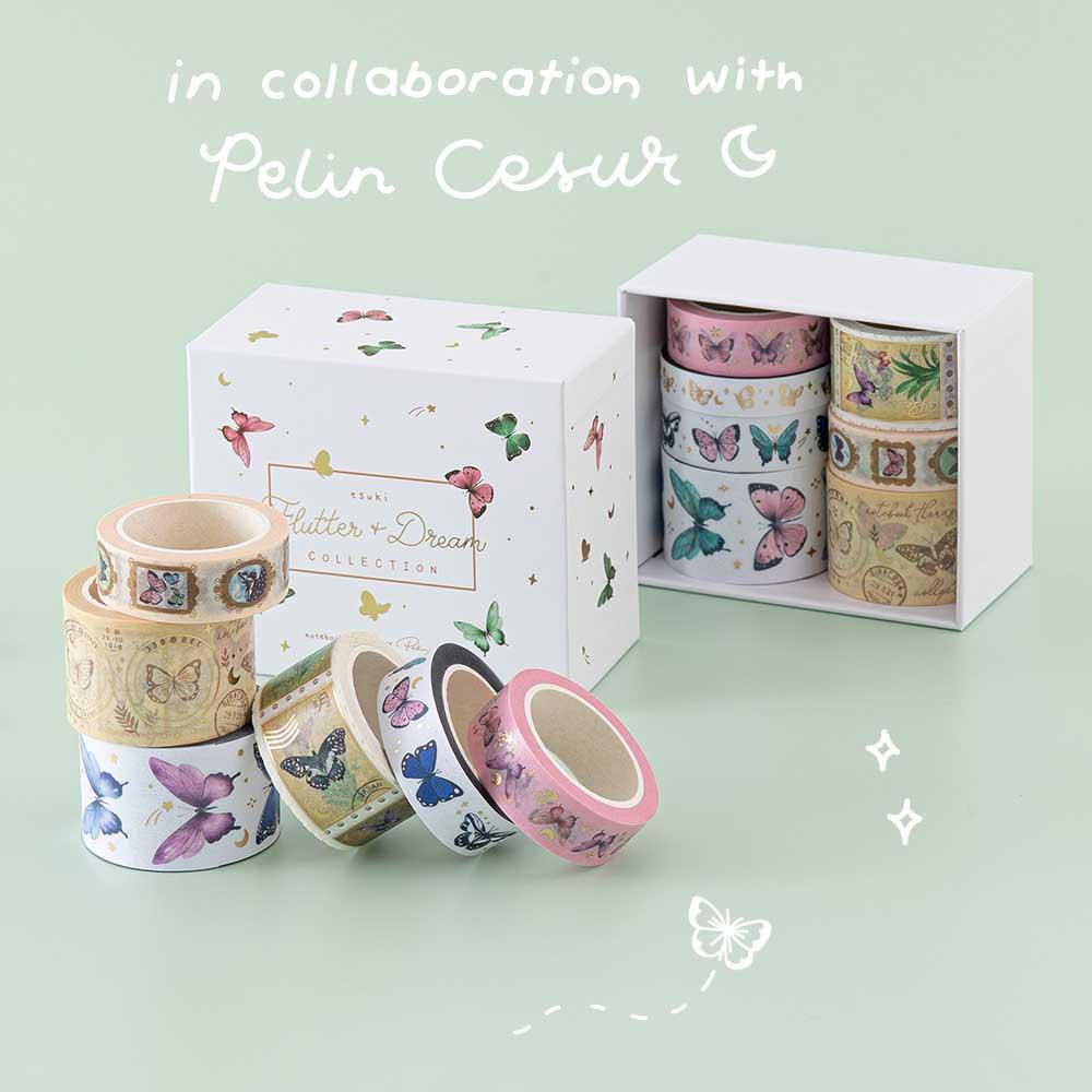 Tsuki ‘Flutter + Dream’ Washi Tape Set by Notebook Therapy x Pelinkan in mint background