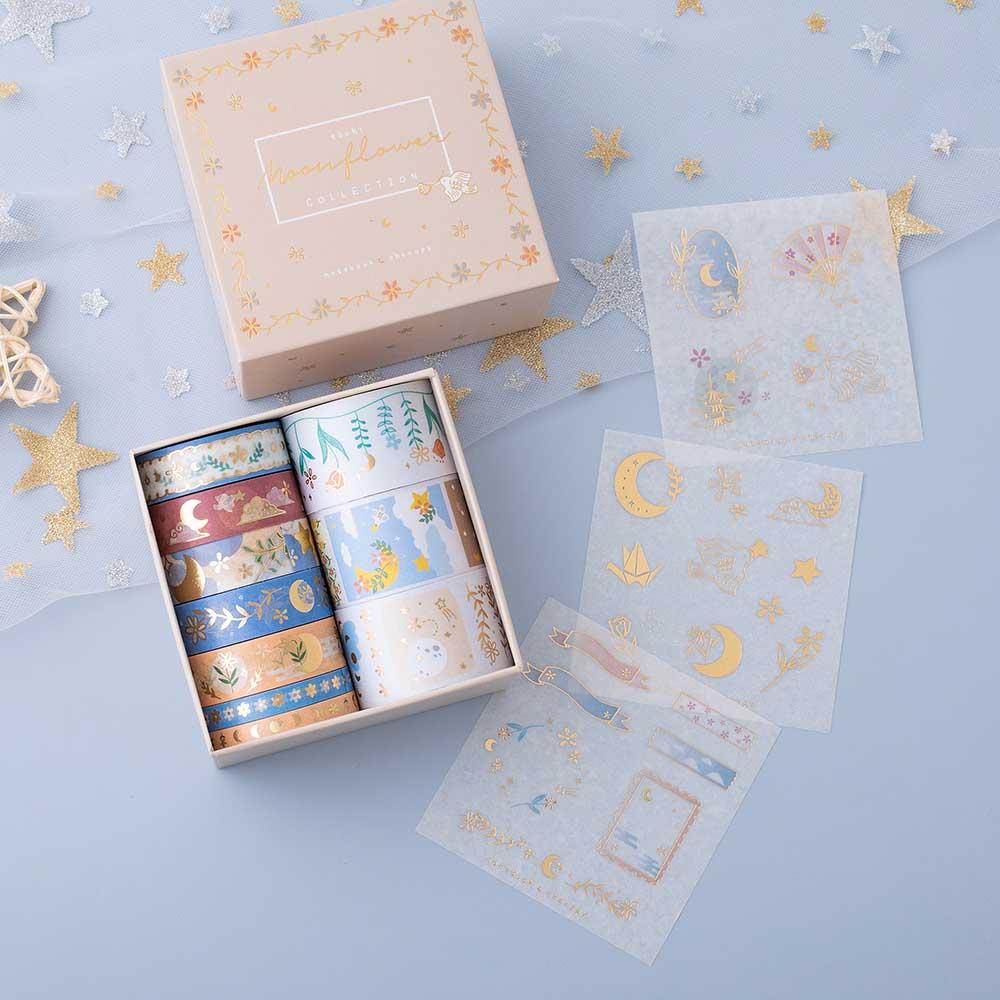 Tsuki ‘Moonflower’ Washi Tape Set with free sticker sheets and luxury eco-friendly box packaging with netting and star on dusty blue background