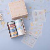 Tsuki ‘Moonflower’ Washi Tape Set with free sticker sheets and luxury eco-friendly box packaging with netting and star on dusty blue background