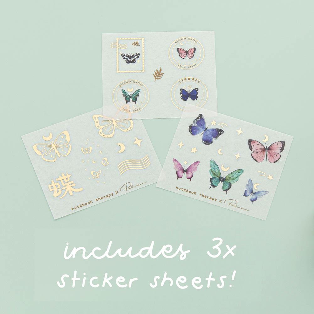 Three free sticker sheets from Tsuki ‘Flutter + Dream’ Washi Tape Set by Notebook Therapy x Pelinkan on mint background