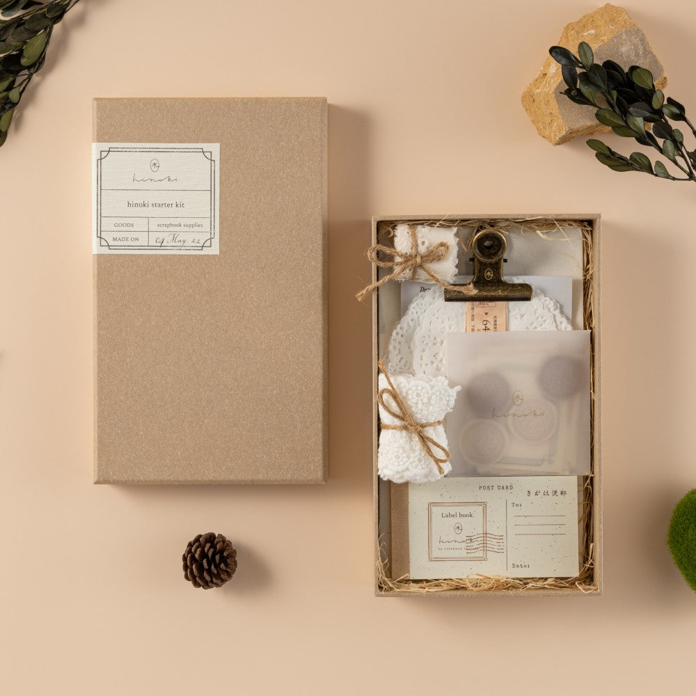 Hinoki Scrapbook Ephemera Starter Set opened box on beige background
