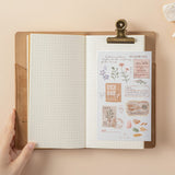 Open Travel Notebook with a brown leather case and a blank paper insert, a sticker tucked in the pocket and pine leaves tucked in the cardholder
